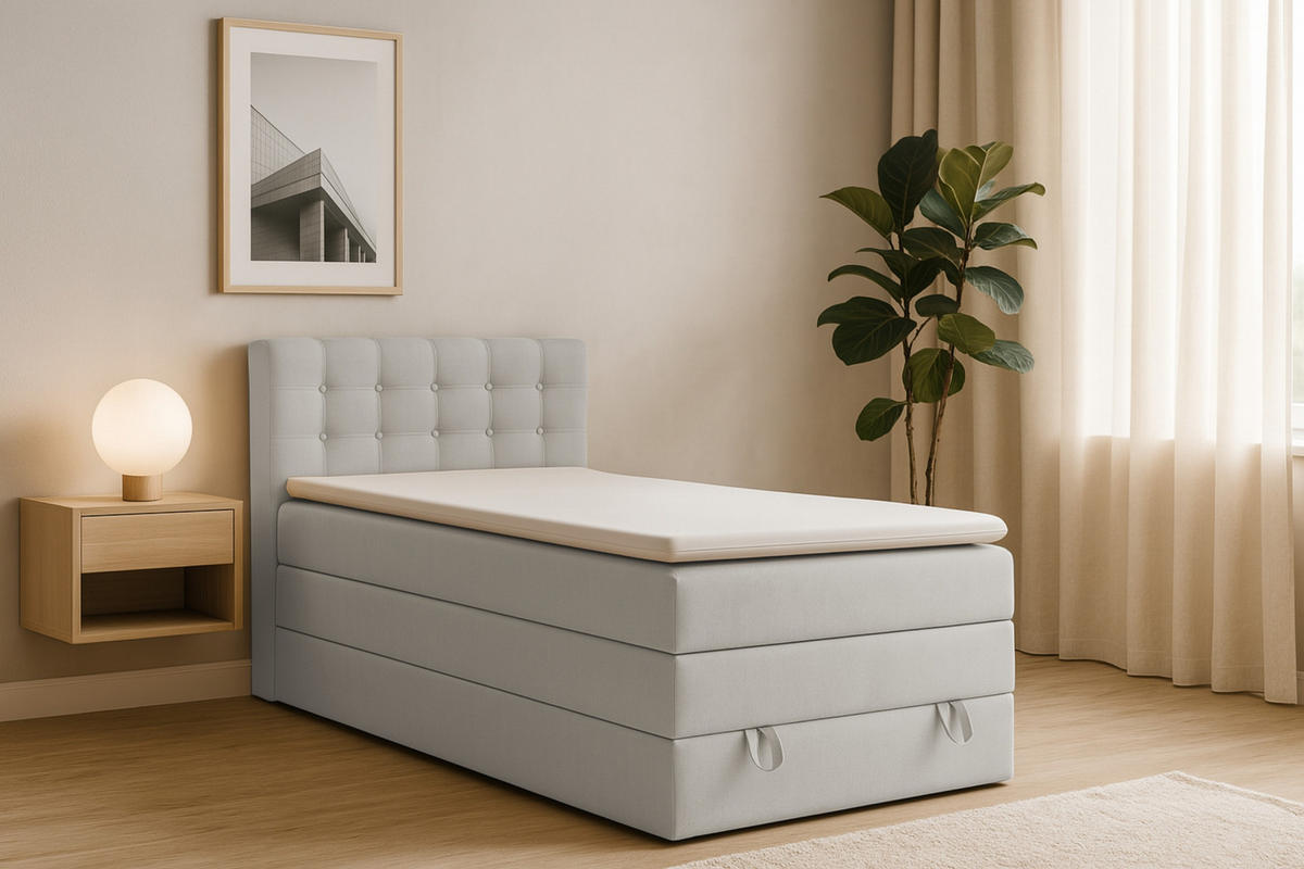 BOXSPRINGBETT JUNG 1 100/200 Velours Hellgrau mit Matratzen H3 + H4 - Hellgrau, Holz/Holzwerkstoff (100/200cm) - Deine Möbel 24