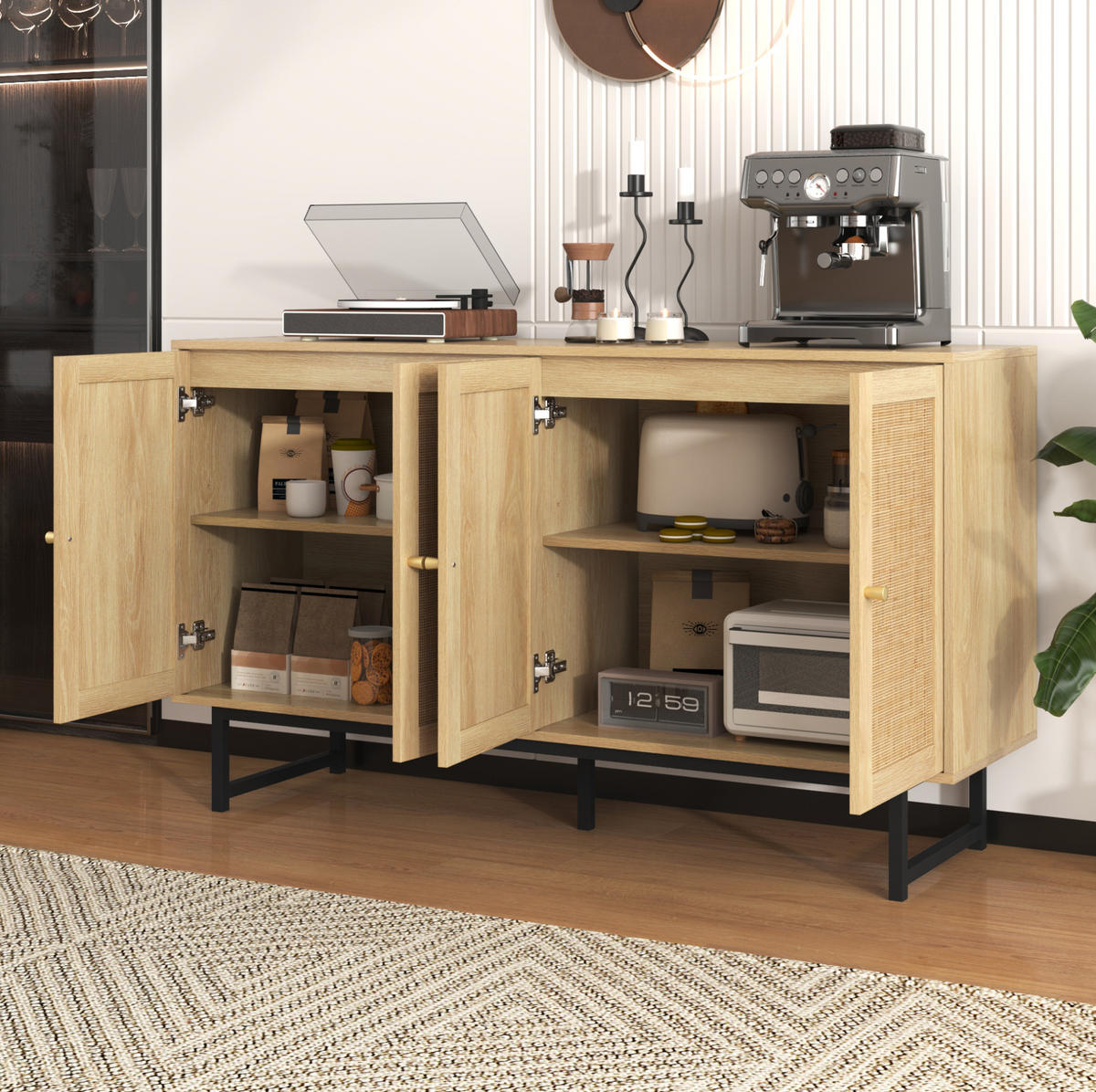 SIDEBOARD 140/39,5/80 cm in Holzoptik mit echtem Rattangeflecht und 4 Türen - Naturfarben, Holzwerkstoff (140/80/39.5cm) - Flora Grace
