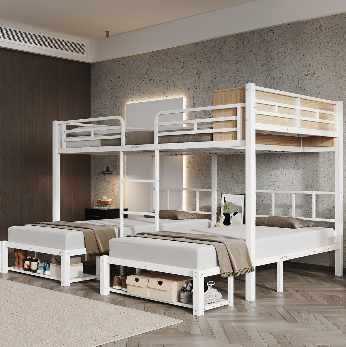 ETAGENBETT mit 3 Schlafplätzen 140x200 und 2x90x200 cm in Weiß/Natur - Weiß, Metall (140/200cm) - IVMEU