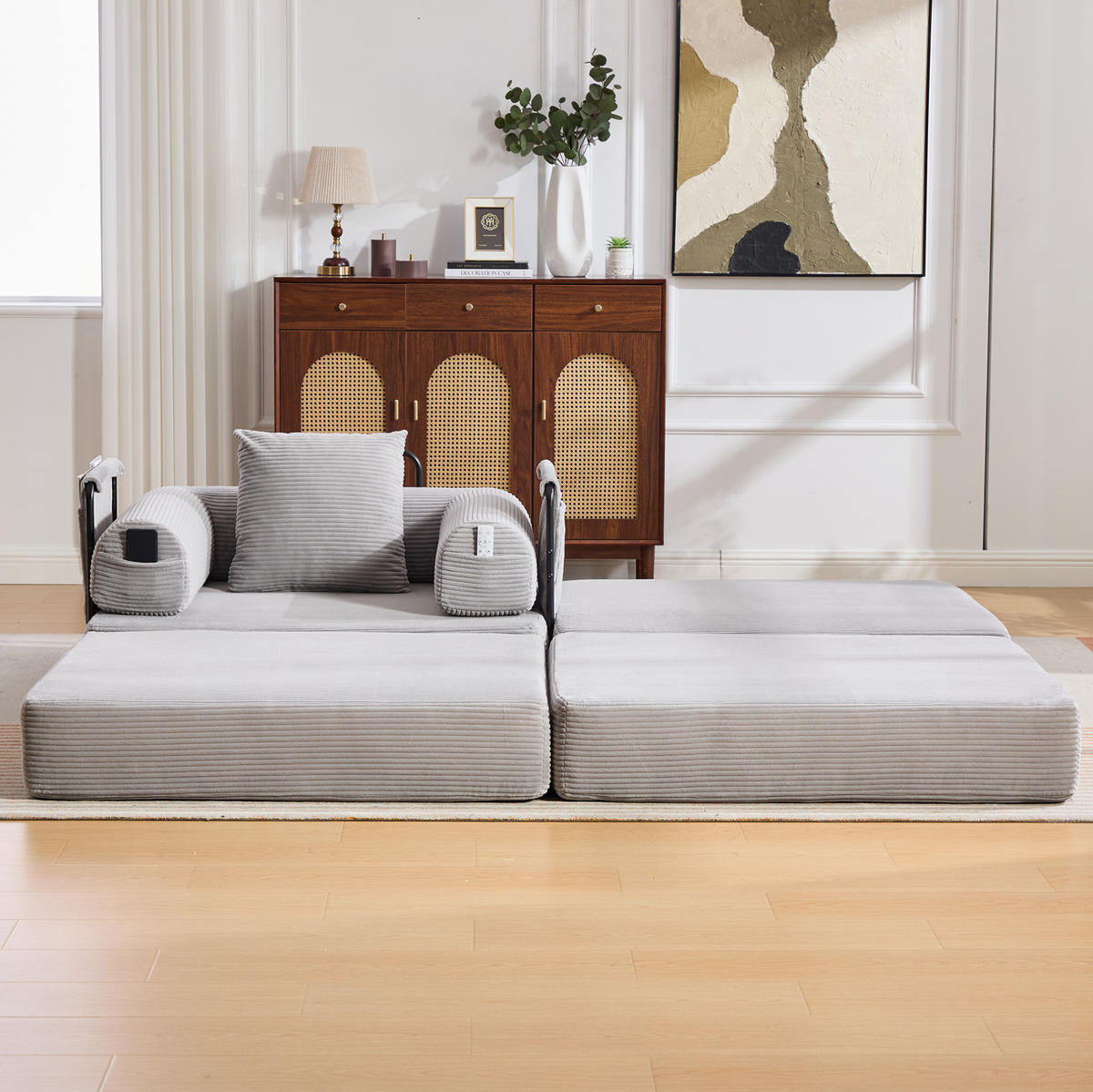 SESSEL mit Hocker aus Cord 112x190x67 cm Hellgrau flexibel kombinierbar, ergonomisch und montagefrei - Hellgrau, Textil (112/67/190cm) - Modfu