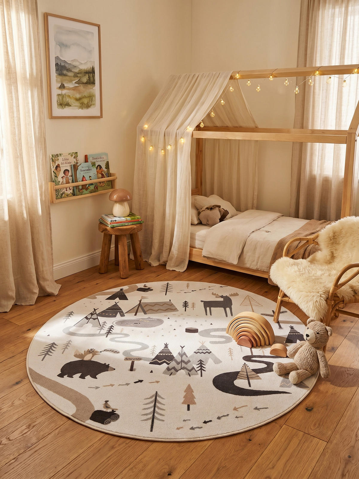 SPIELTEPPICH Waschbar TINO in Creme, mit Waldtier-Motiv, Ø 200 cm - Beige, Textil (200/200cm) - KADIMA DESIGN