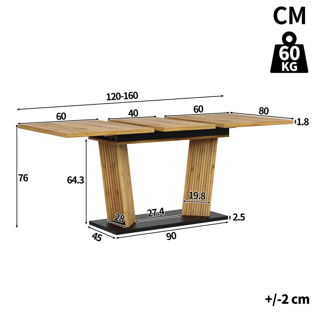 ESSTISCH ausziehbar 120-160/80/76 cm DE-39645 Eichenfarbe - Eichefarben, Holzwerkstoff (80/160/76cm) - ComfortXL