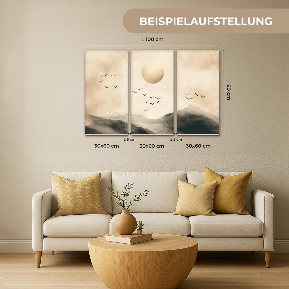 LEINWANDBILD 3er Set Landschaft - Japandi - Beige - Vögel 90x60 cm - Beige, Textil (90/60cm) - MuchoWow