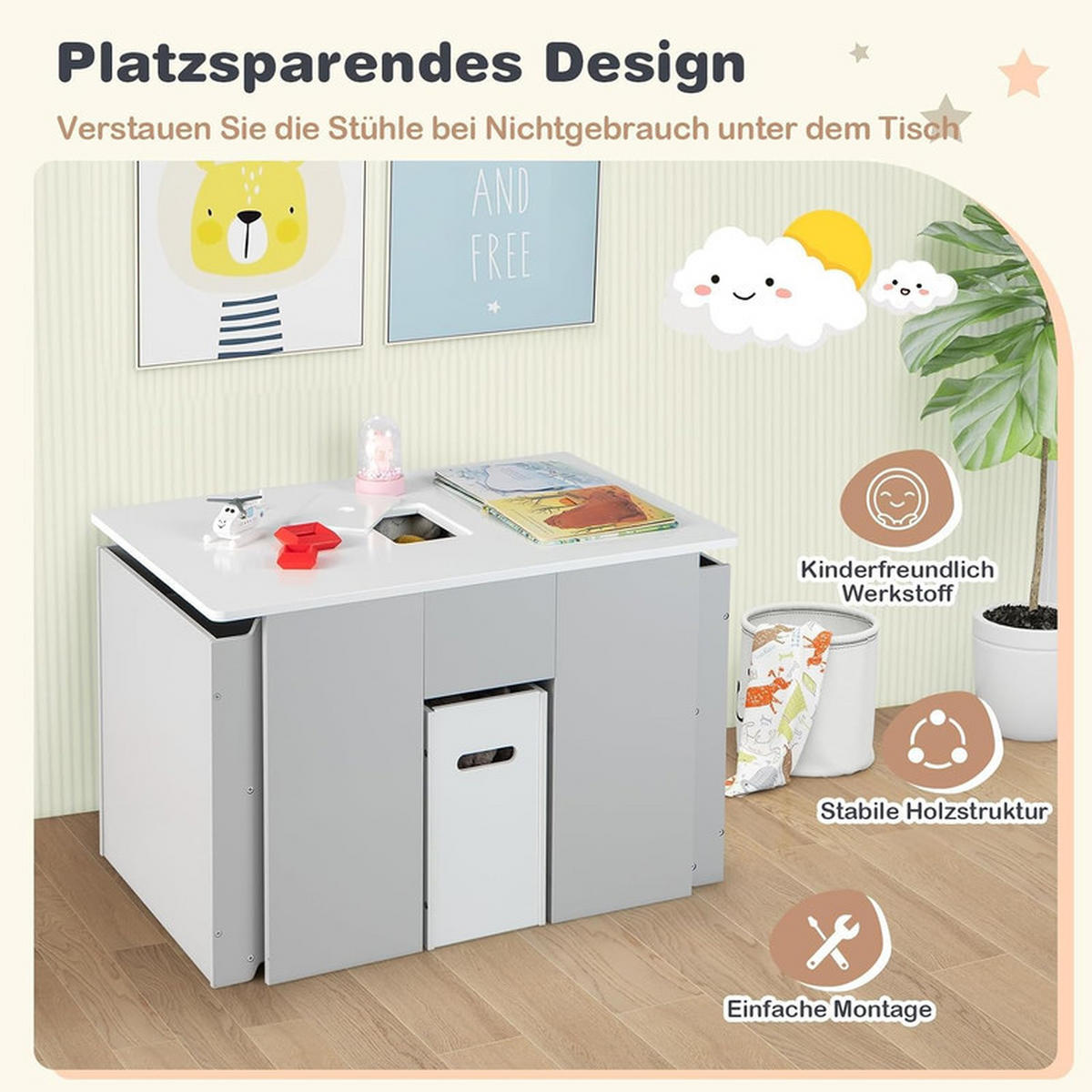 KINDERTISCH mit 2 Stühlen grau(3-tlg) - Grau, Holzwerkstoff (70/47/45cm) - COSTWAY