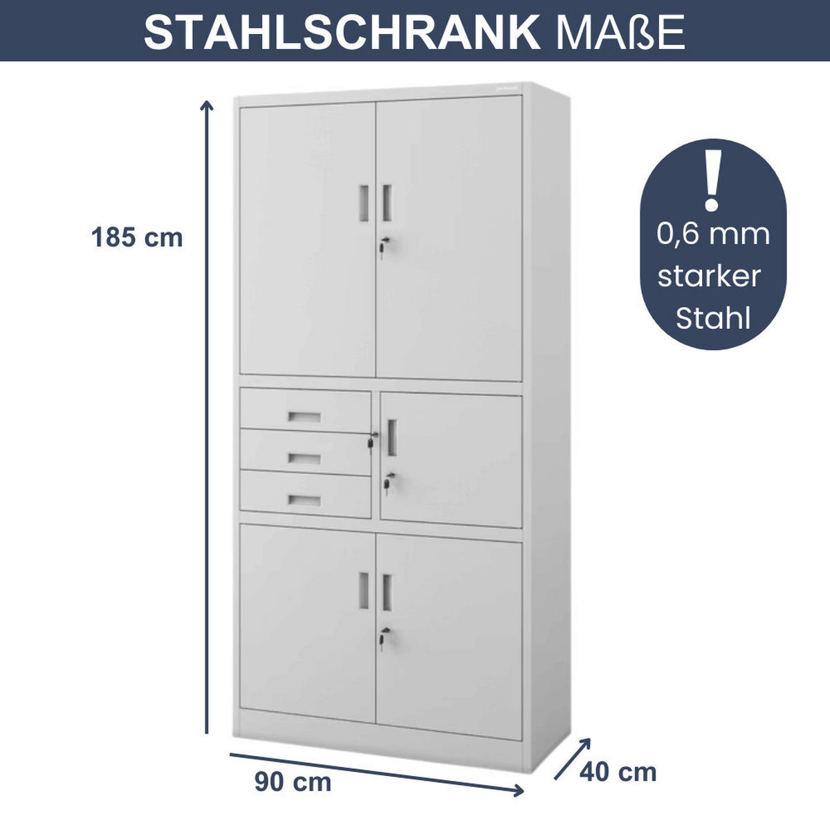 AKTENSCHRANK abschließbar GEDO mit Tresor 185x90x40cm Grau - Grau, Metall (90/185/40cm) - DELUKE