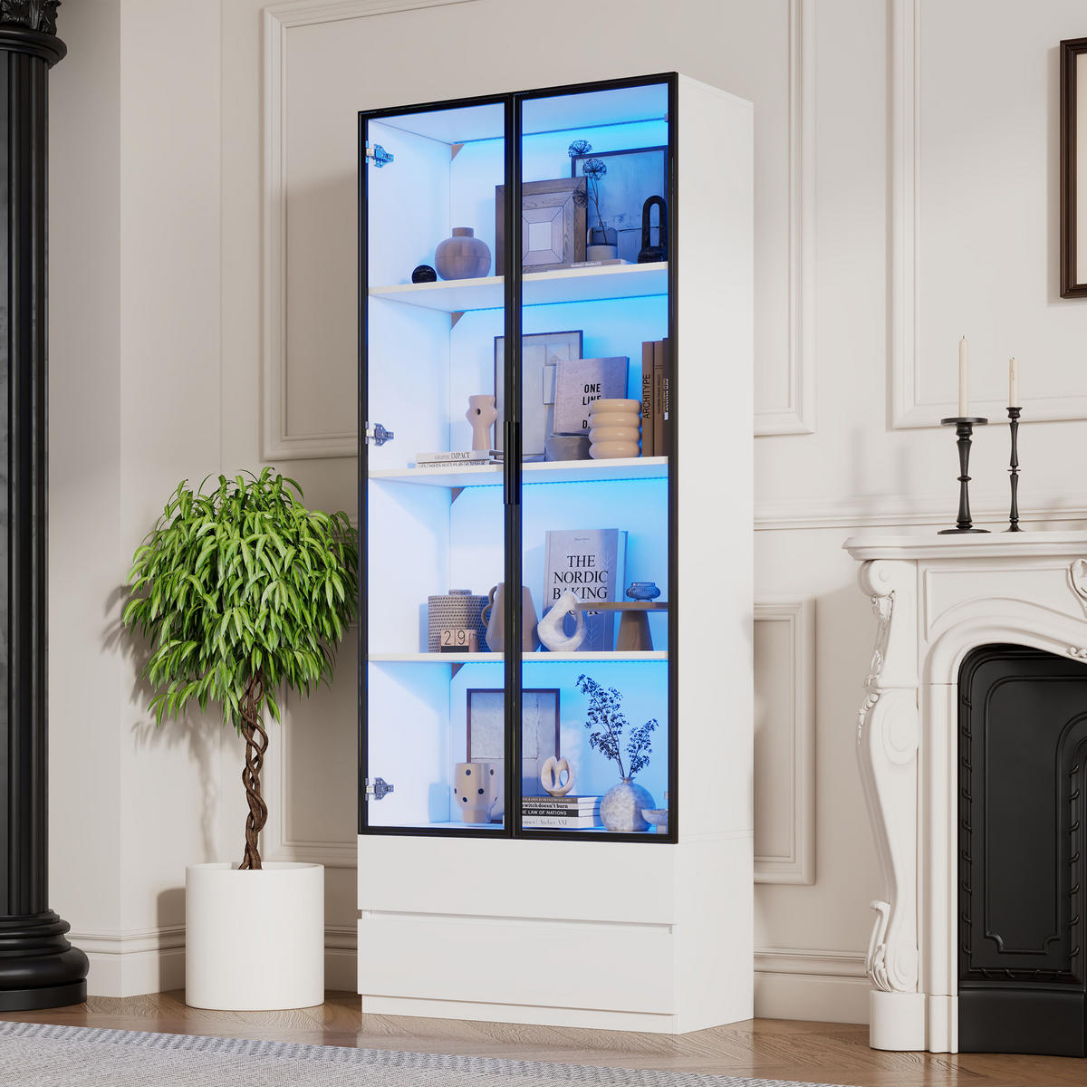 VITRINE weiß aus MDF mit Aluminium-Glastüren, zwei Schubladen und App-gesteuerter LED-Beleuchtung 80 × 34 × 200 cm - Weiß, Holzwerkstoff (80/200/34cm) - Luhomfu