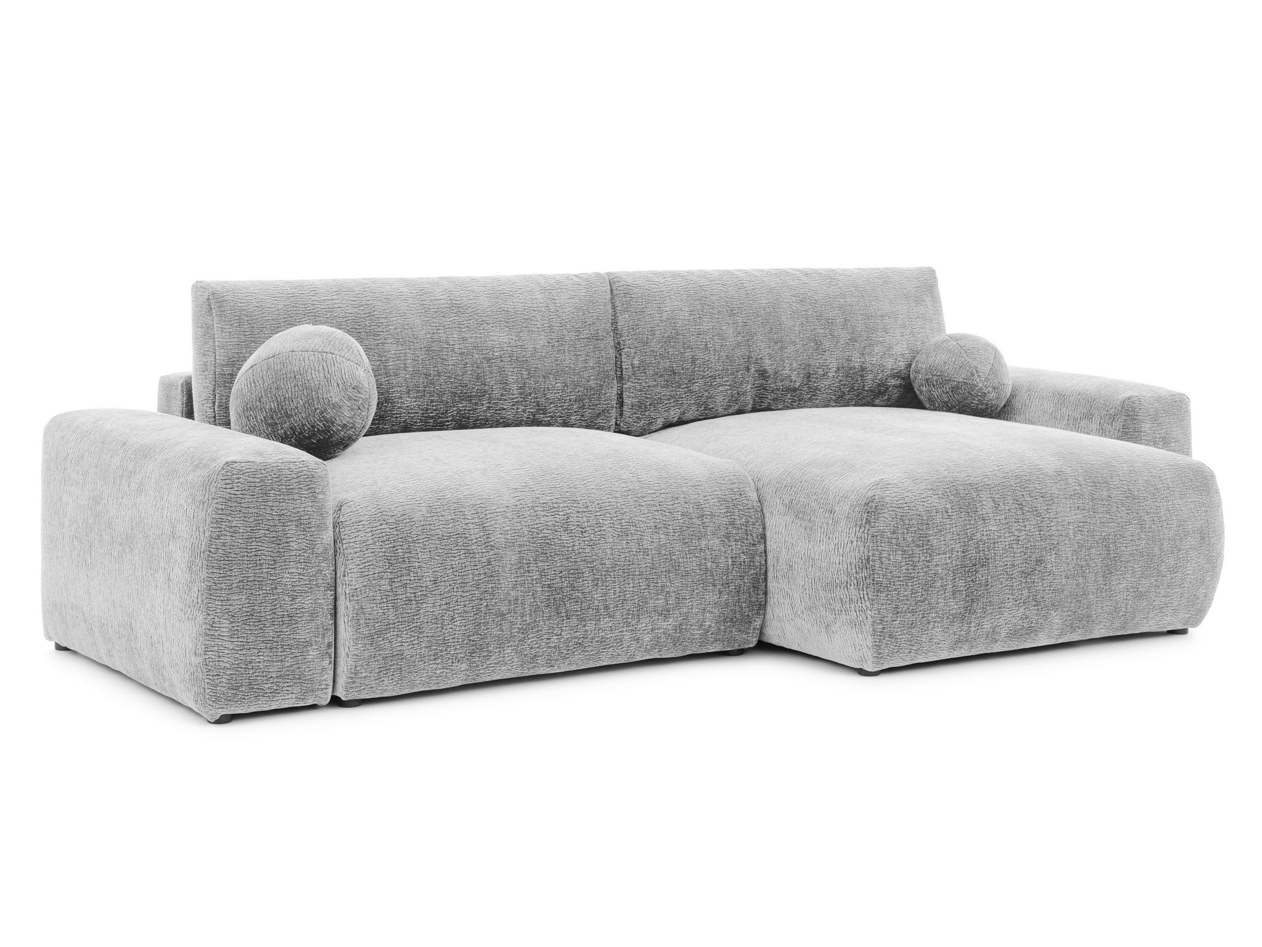 ECKSOFA Puffy mit Schlaffunktion und Bettkasten - besonders weich und puffig aus Hellgrau Stoff mit Chenillestruktur - Ottomane rechts - Hellgrau/Schwarz, Holz/Kunststoff (266/138cm) - S-Style Möbel
