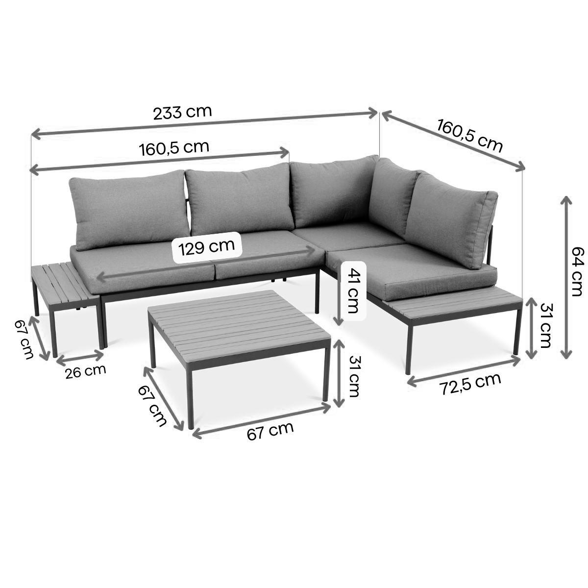 GARTENSET Livorno, modulare Bauweise , mit Ecksofa und Kaffeetisch, Metallrahmen, Dunkelgrau - Dunkelgrau, Metall - Beautysofa