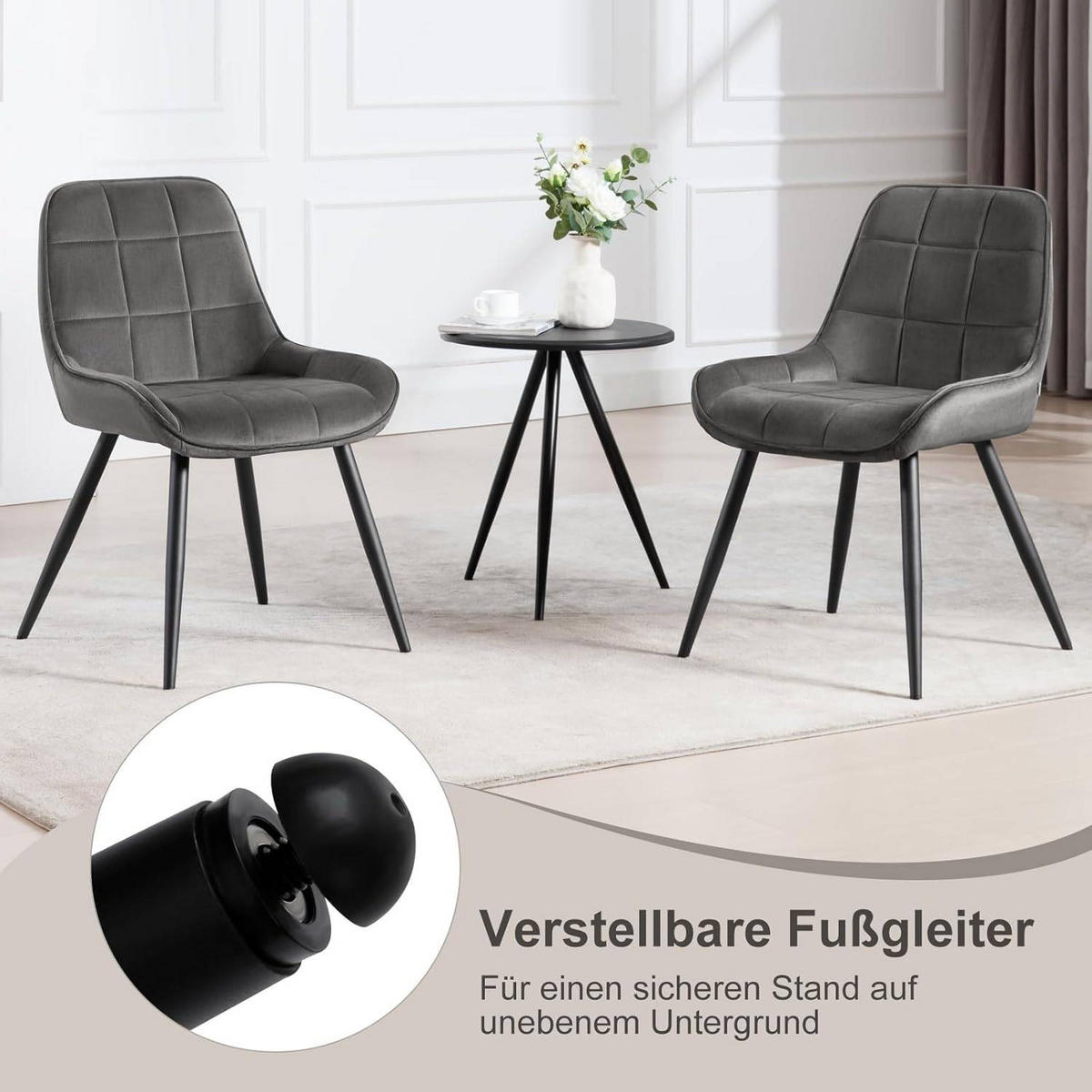 ESSZIMMERSTUHL 6er-Set, Polsterstuhl, Samt, Dunkelgrau - Dunkelgrau/Schwarz, Textil/Metall (52.5/81.5/62cm) - Woltu