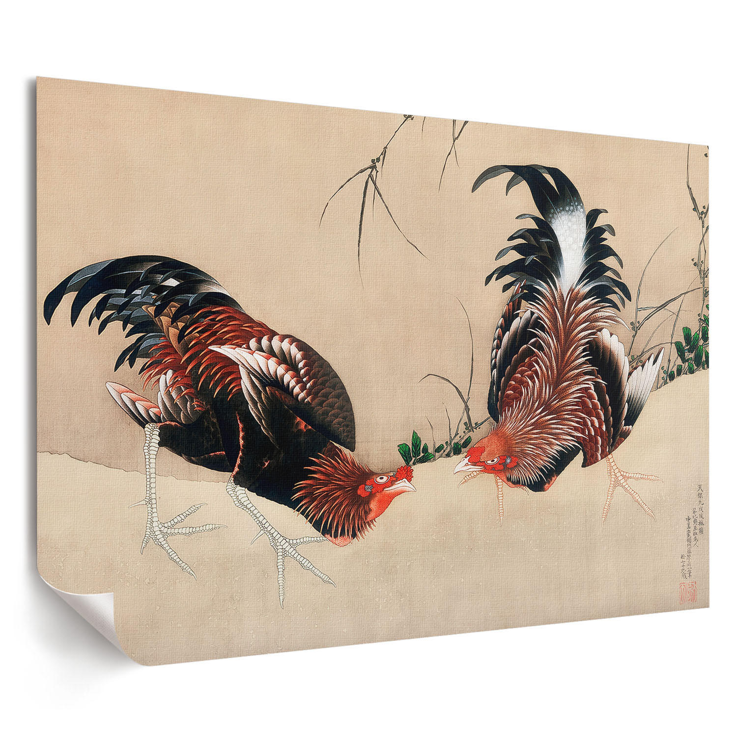 POSTER - 29x21 cm (A4) - Hokusai - Hähne - Creme, Textil (29.7/21/0.1cm) - TULUP