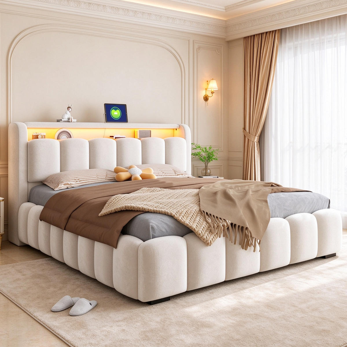 POLSTERBETT 180/200 mit LED/USB, Kopfteil Stauraum, Samt, Beige - Beige, Holz (180/200cm) - LVHOM
