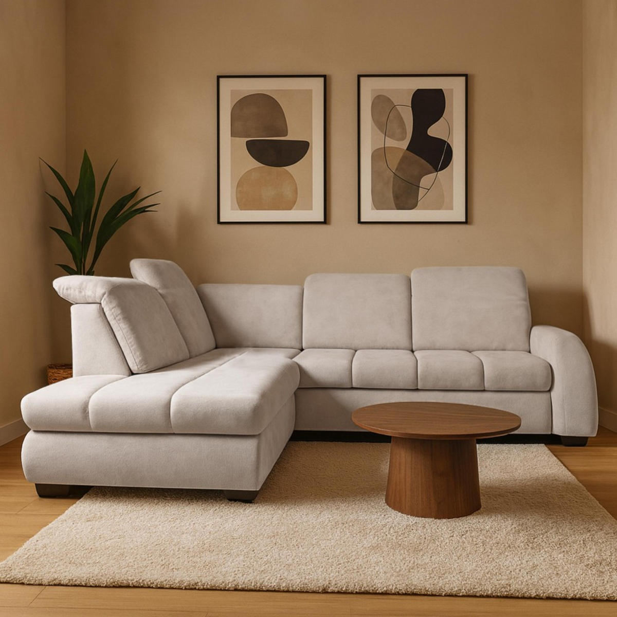 ECKSCHLAFSOFA Onel mit bewegliche Kopfstützen, Beige, Links - Beige/Schwarz, Textil (263/200cm) - Beautysofa