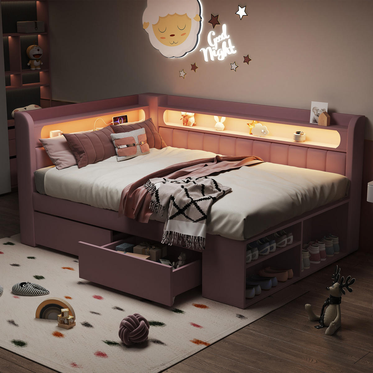 JUGENDBETT 90/200 mit LED, USB, 2 Schubladen und Schuhschrank in Rosa - Rosa, Holzwerkstoff/Textil (90/200cm) - EVRYAE