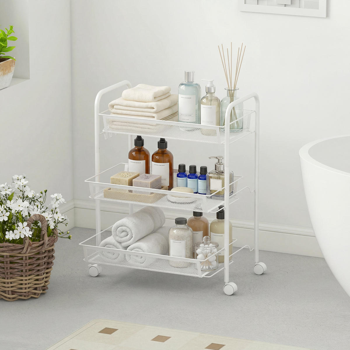 SERVIERWAGEN DE-12537 3 abnehmbare Körbe mit 4 Haken 45/26,5/63 cm Weiß - Weiß, Metall (26.5/63/45cm) - ComfortXL