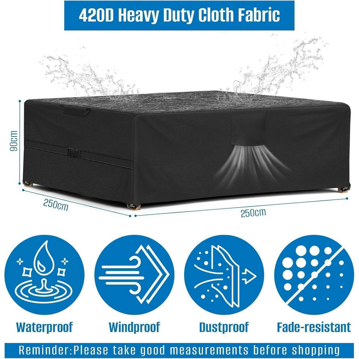 ABDECKHAUBE für Gartenmöbel 250 x 250 x 90 cm - Schwarz, Textil (250/90/250cm)