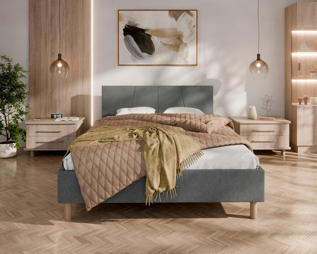 POLSTERBETT ALMORE 140x200cm, Taschenfederkernmatratze mit Kokos KORNOS (20cm), grau - Grau, Holz - Homesy
