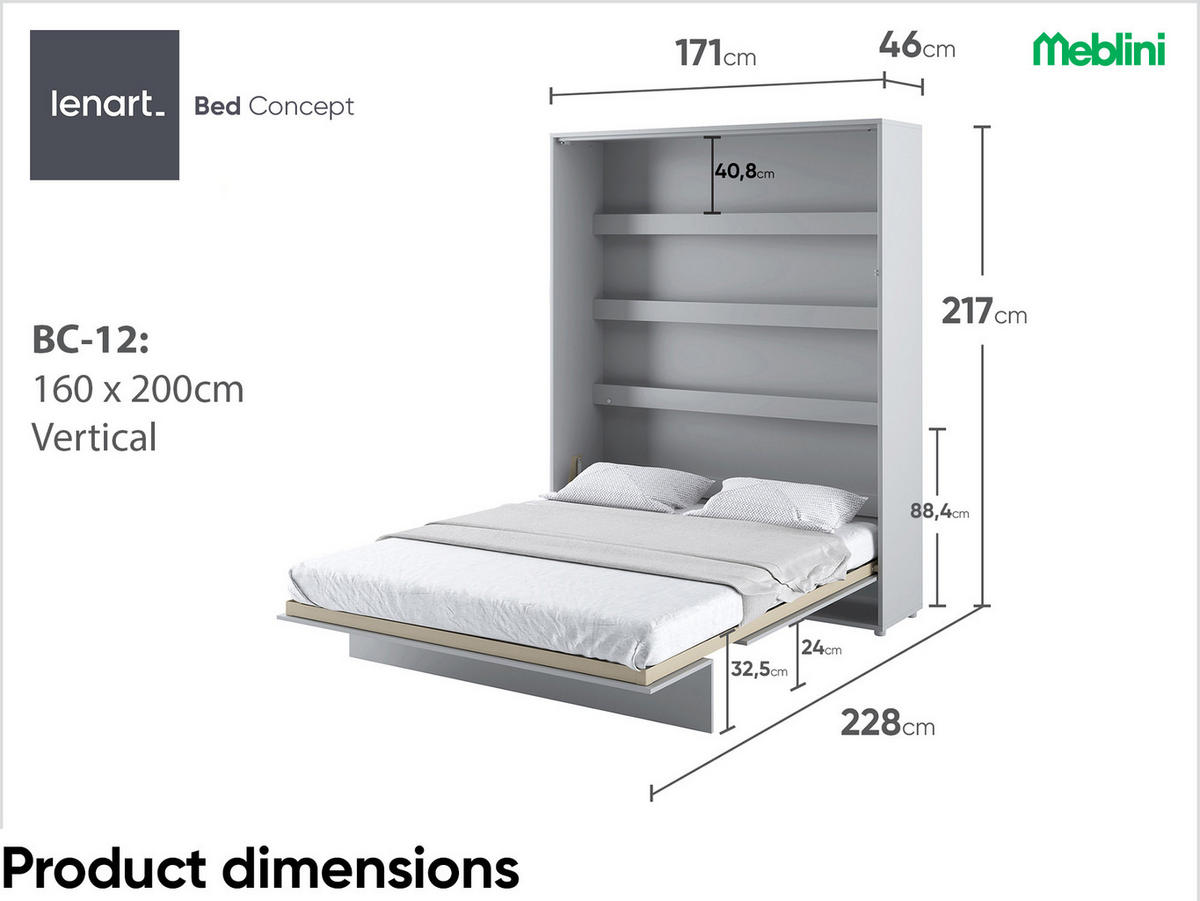 SCHRANKBETT BC-12 - 160x200cm Vertikal - Grau Matt mit Matratze - Grau, Holzwerkstoff (160/200cm) - Meblini