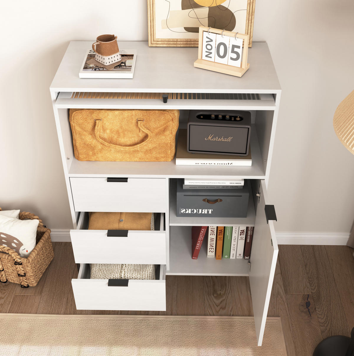 SIDEBOARD 85/40/120 cm in Weiß mit 3 Schubladen und Glastür - Weiß, Holzwerkstoff (85/120/40cm) - BEAOK