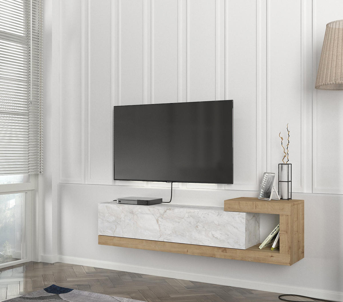 MOEBEL17 TV Lowboard 150 cm – Modernes Lowboard TV Schrank – TV Board Wohnzimmer – Fernsehtisch – TV Möbel Sideboard Modern – Modell Bliss - Weiß/Braun, Holzwerkstoff (150/37/30cm) - moebel17