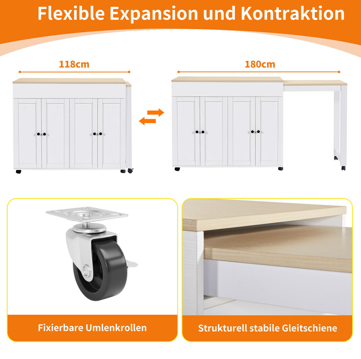 BARTISCH aus MDF, ausziehbar 117-180/50/94,6 cm mit 6 Ablagefächern, Weiß - Weiß, Holzwerkstoff (50/94.6/117cm) - Redom