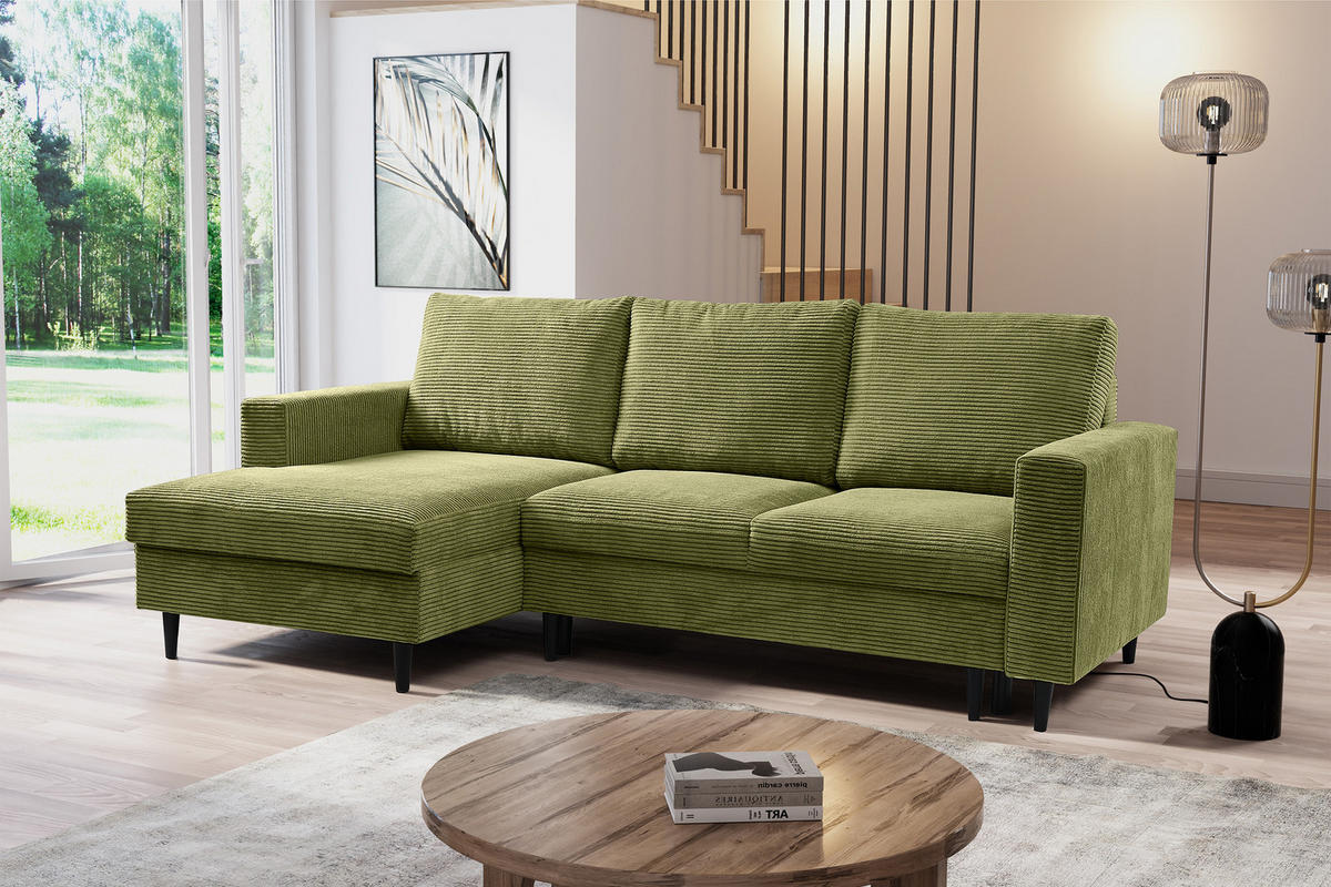 ECKSOFA Nalika Pistaziengrün mit Cordbezug - Schwarz/Hellgrün, Holz/Textil (230/143cm) - Selsey