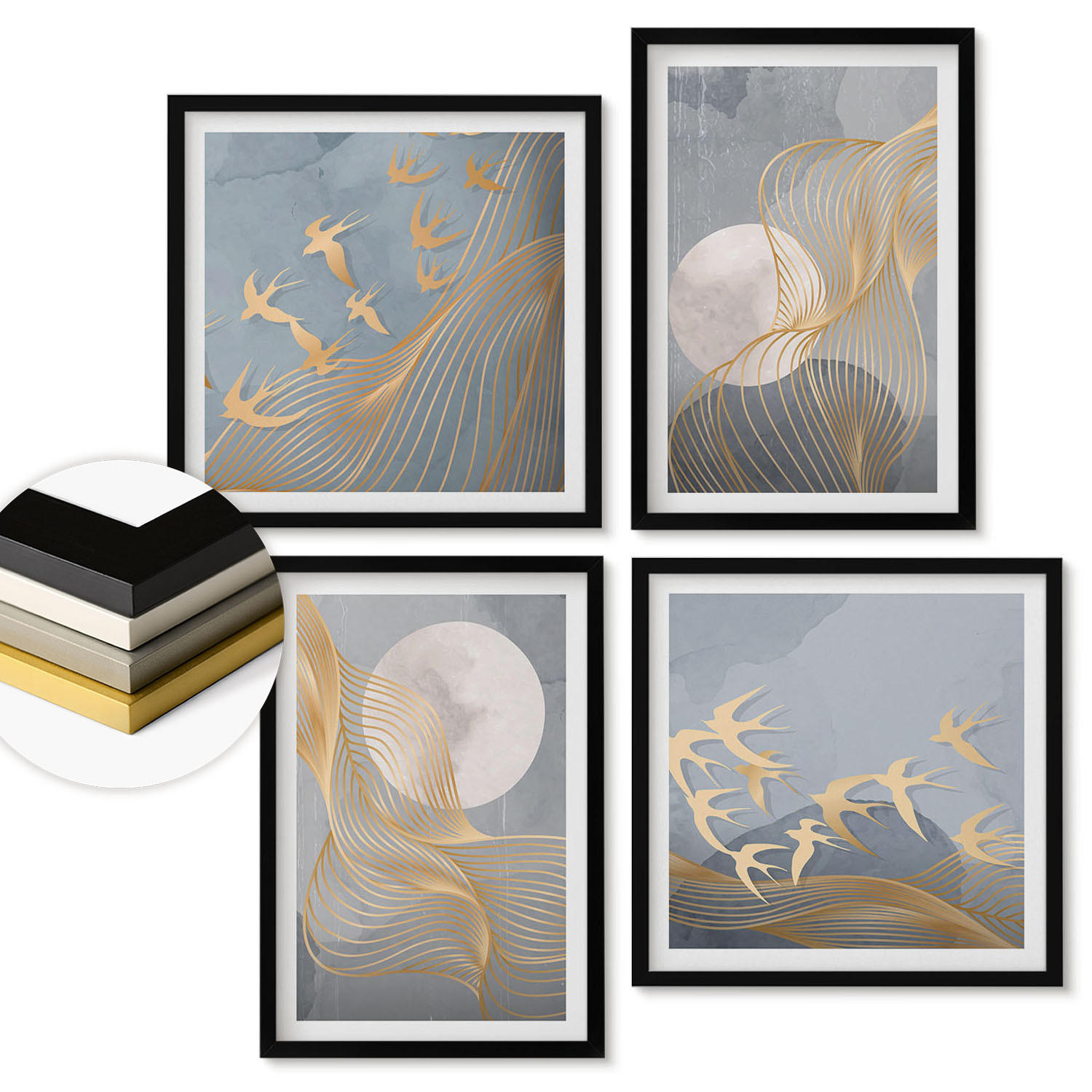 WANDBILDER 4er-Set - 50x50 cm & 40x60 cm Schwarzer Rahmen - Abstrakte Wellenkreise, grau - Schwarz, Kunststoff (50/50cm) - ArtPrintCave