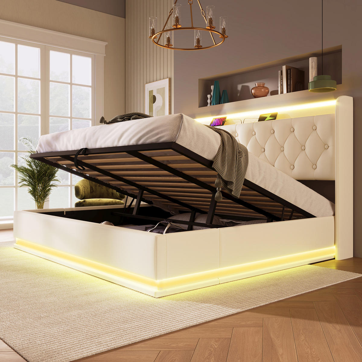 POLSTERBETT 180/200 cm mit hydraulischem Bettkasten, 360°-LED & USB/Typ-C am Kopfteil, weiß - Weiß, Kunststoff (180/200cm) - Redom