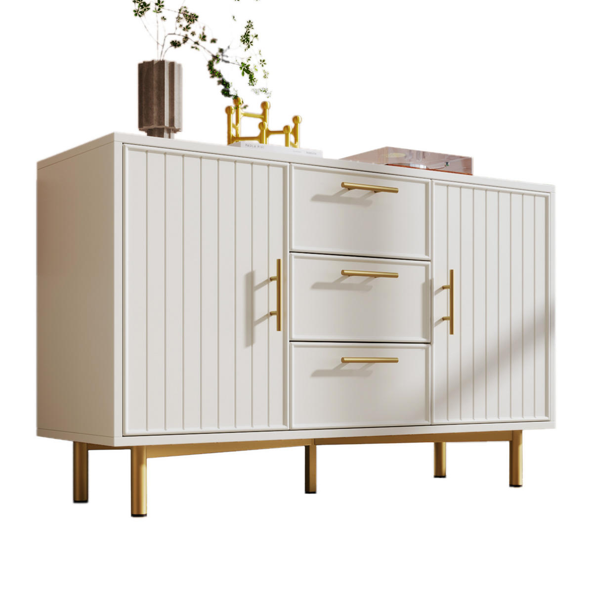KOMMODE 120/40/75 cm mit 3 Schubladen, 2 Türen und Metallfüßen - Weiß, Holzwerkstoff (120/40/75cm) - BEAOK