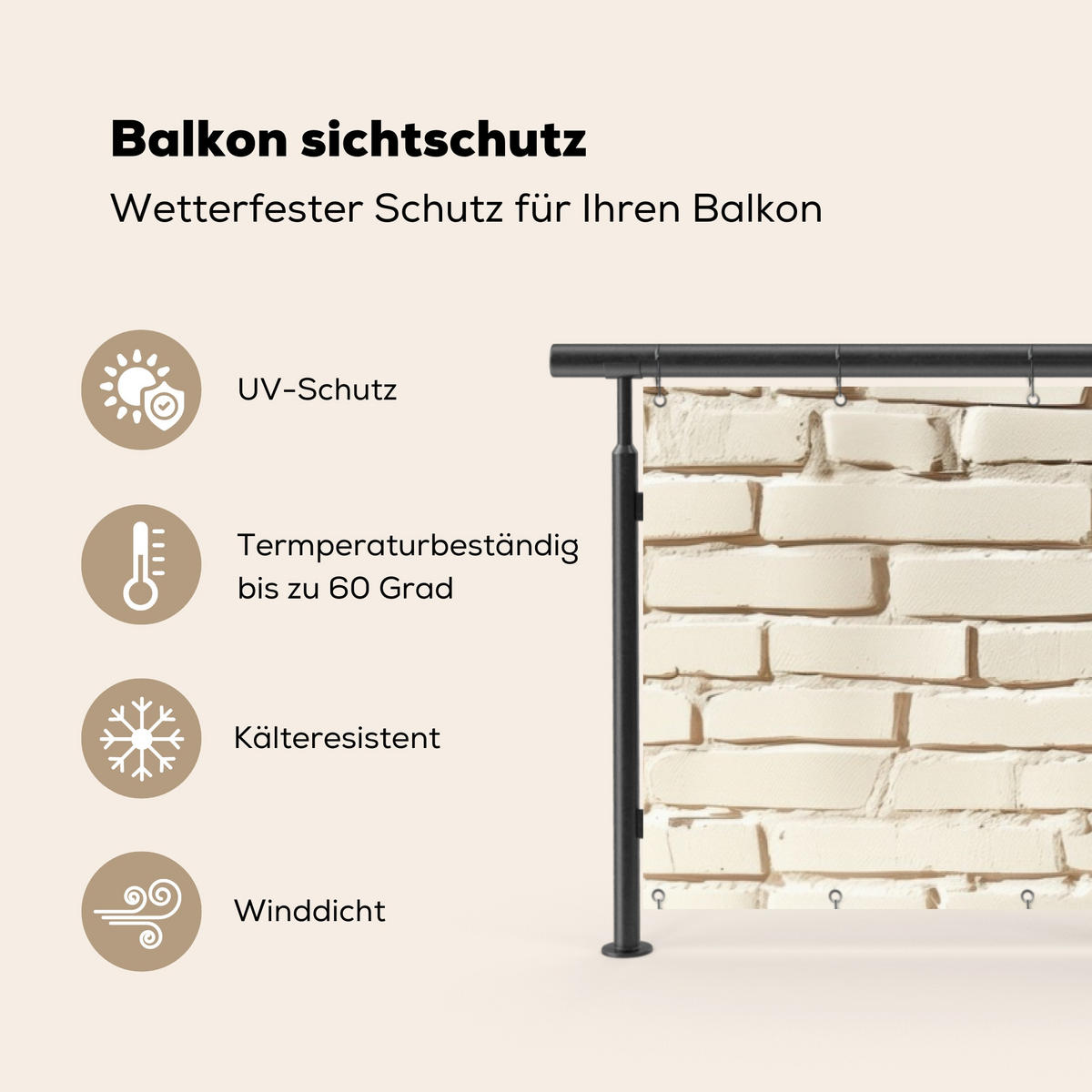 BALKON-SICHTSCHUTZ Ziegel - Wand - Licht - Weiß - Creme, Kunststoff (300/85cm) - MuchoWow