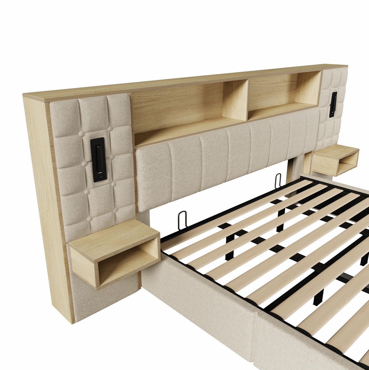 POLSTERBETT 180/200 cm aus Leinen mit Stauraum LED-Leselampen und Nachttischen Beige - Beige, Textil (180/200cm) - Modenvie