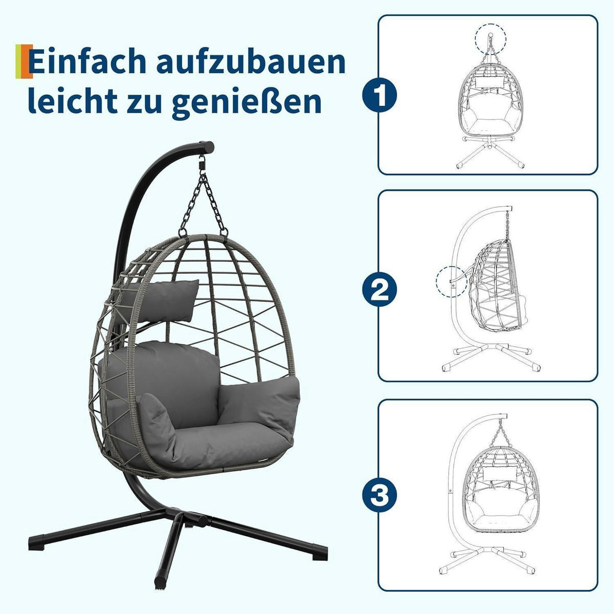 HÄNGESESSEL mit Gestell Grau bis 150 kg belastbar - Grau, Naturmaterialien (59.5/1.5/115cm)