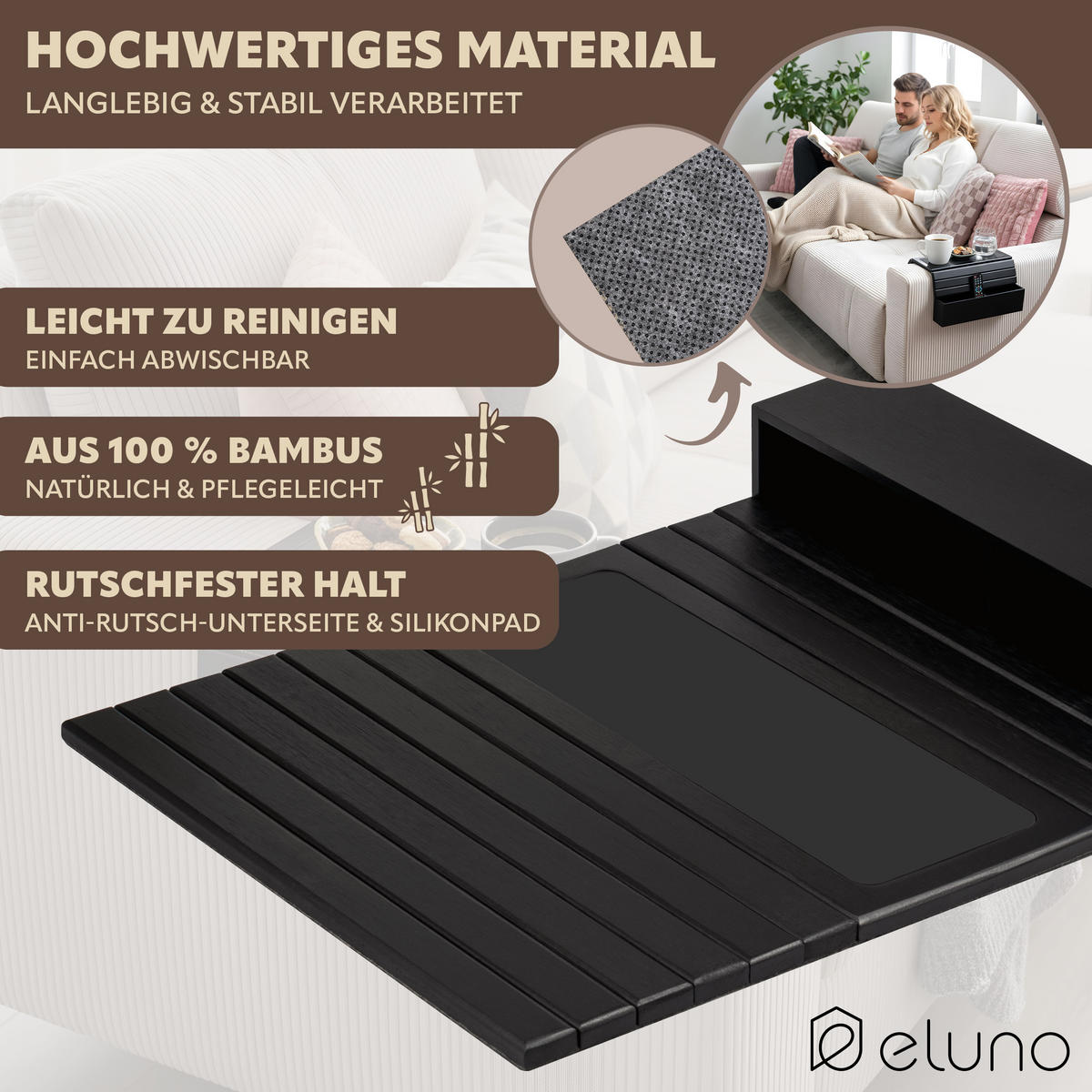 ARMLEHNEN-SOFATABLETT mit seitlichen Fächern, rutschfeste Silikonablage, Bambus, schwarz - Schwarz, Naturmaterialien (47/6/34cm) - eluno