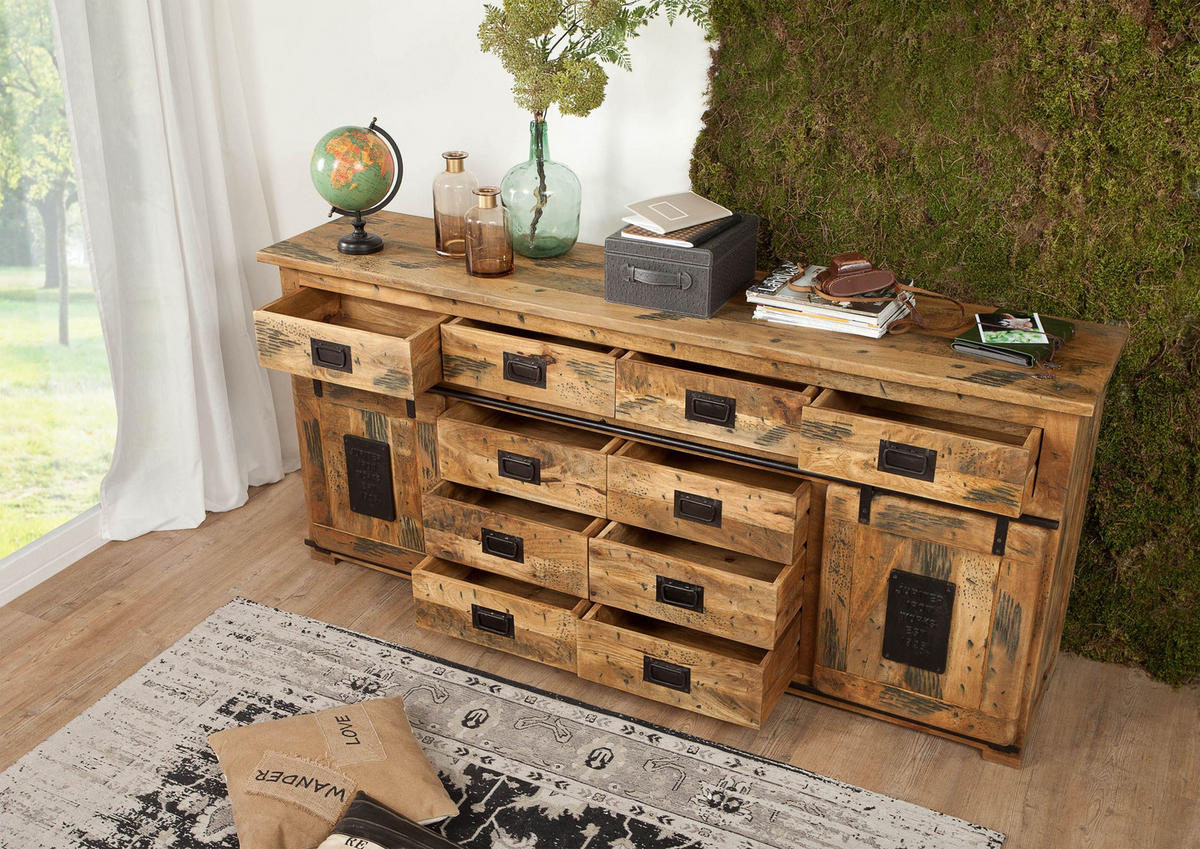 SIDEBOARD Mango 200x45x90 natur lackiert RAILWAY #122 - Braun, Holzwerkstoff (200/90/45cm) - Massivmoebel24