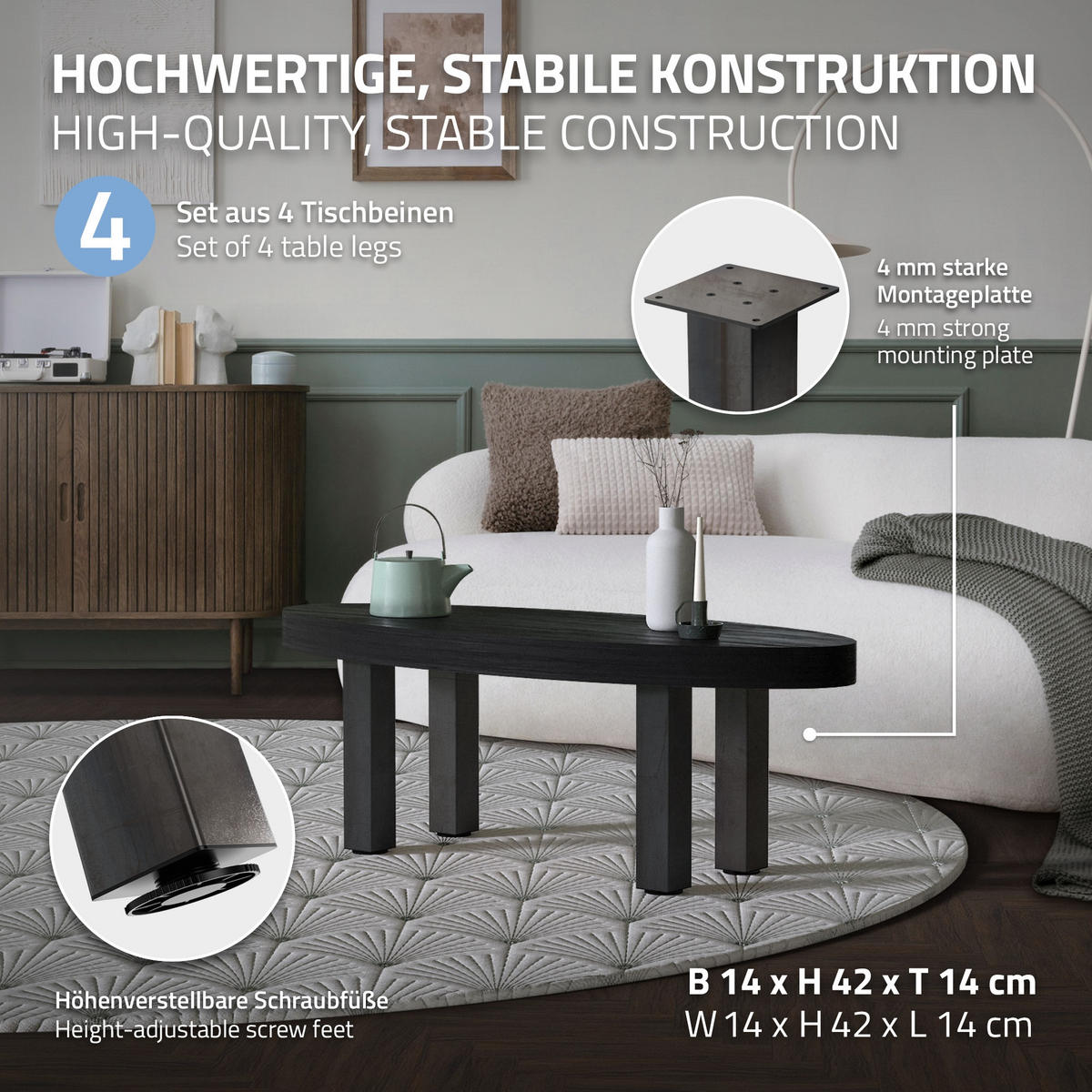 TISCHBEINE 4er Set I-Design H:42 cm Industrial 8x8 cm - Dunkelgrau, Metall (14/42/14cm) - ML-DESIGN