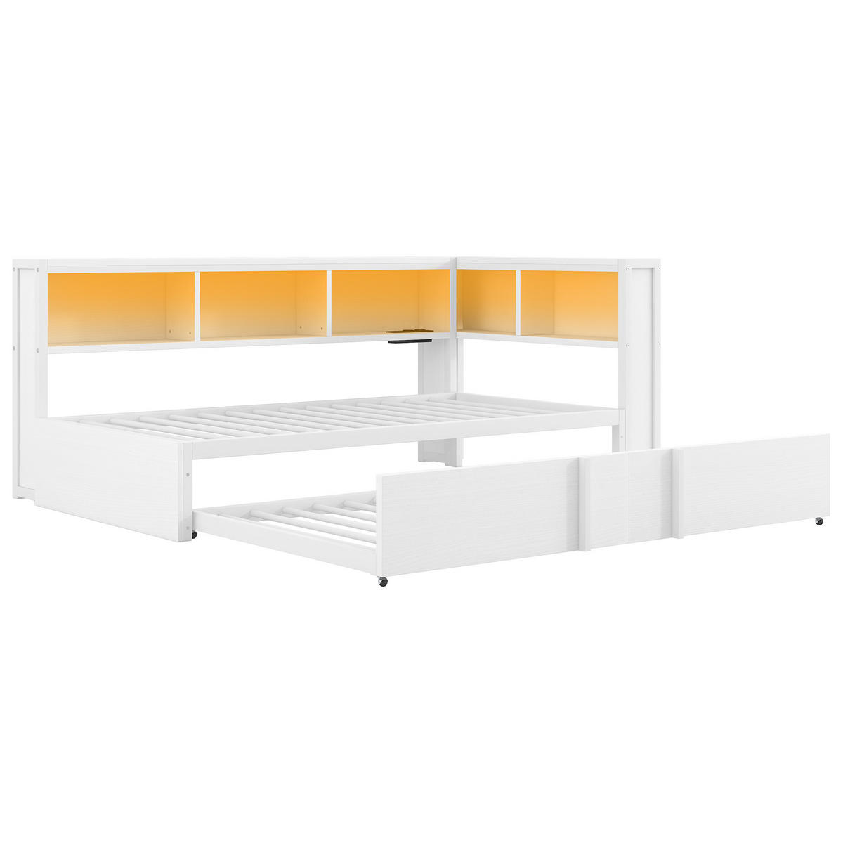 RAHMENBETT 90x200cm, Metall, Ausziehbett, Stauraum, LED, USB, Weiß - Weiß, Holzwerkstoff (90/200cm)