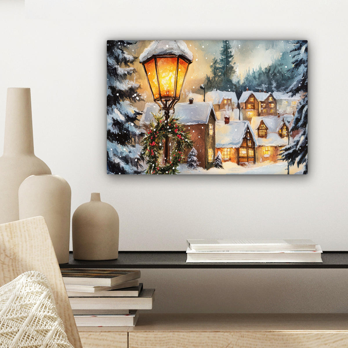 LEINWANDBILD Weihnachtsdorf - Häuser - Schnee - Weihnachten Deko Schlafzimmer 30x20 cm - Sandfarben, Textil (30/20cm) - MuchoWow