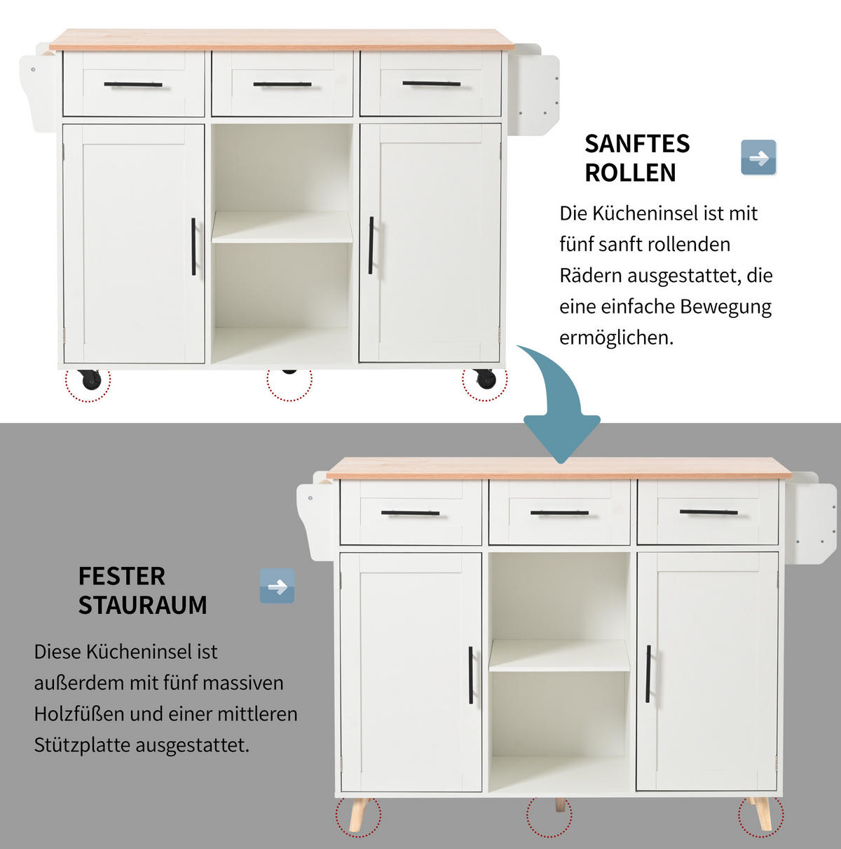KÜCHENWAGEN mit Klappplatte 139 x 46(71) x 91,5 cm Weiß - Weiß, Holz (46/91.5/139cm) - Beauniv