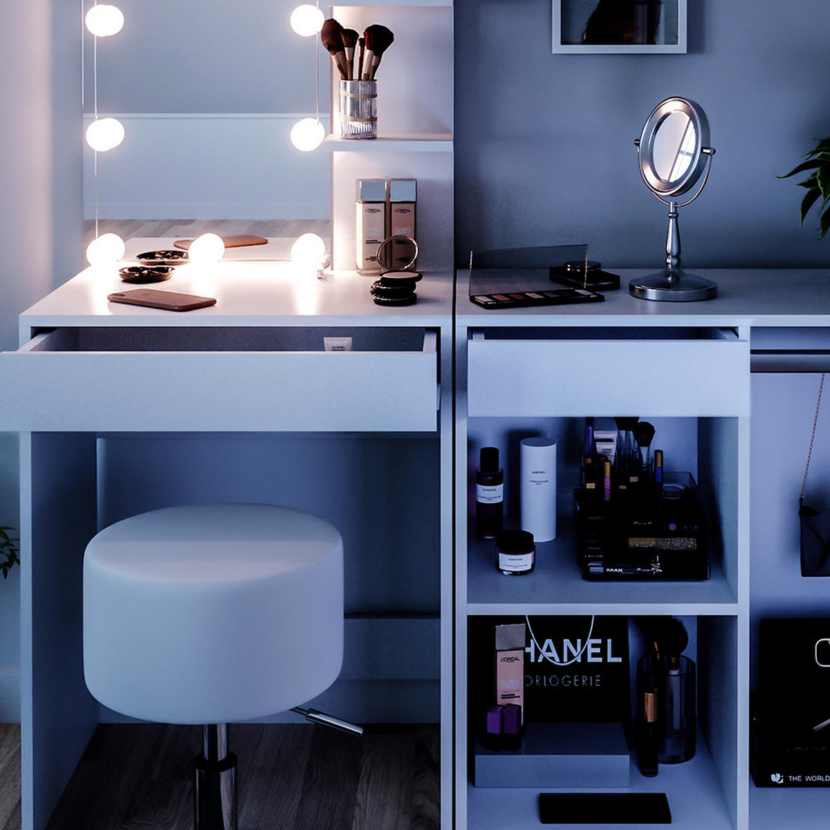 SCHMINKTISCH Isabelle Weiß 60 cm mit LED, Hocker und Schrank - Weiß, Holzwerkstoff (60/140/40cm) - Vicco