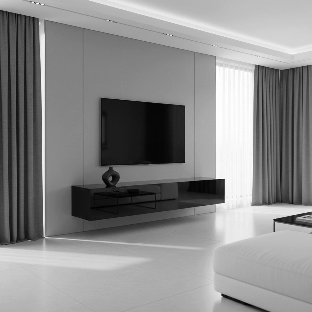 LOWBOARD Lia, hängendes Tv-Board, Moderner Fernsehschrank 165 cm lang Fernsehtisch, Schwarz matt/Schwarz Hochglanz (38,5 x 165 x 30 cm) - Schwarz Hochglanz, Holzwerkstoff (165/30/38.5cm) - InnoFurn