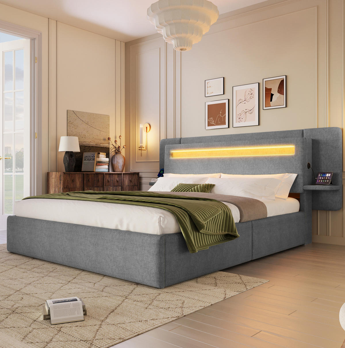 POLSTERBETT aus MDF und Leinen 140x200 cm Grau mit Bettkasten, LED-Beleuchtung, Nachttisch und USB-Anschluss - Grau, Textil (140/200cm) - Modfu