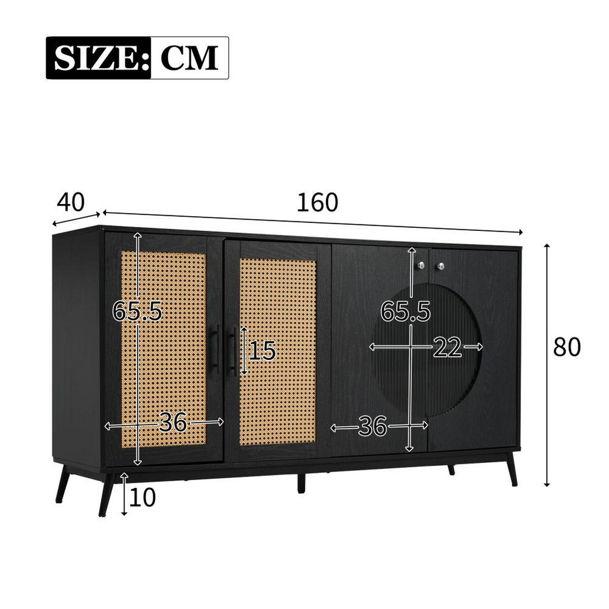 SIDEBOARD mit Glastüren aus Rattan, Halbrunde Tür,Schwarz - Schwarz, Holz (40/80/160cm) - KOMHTOM