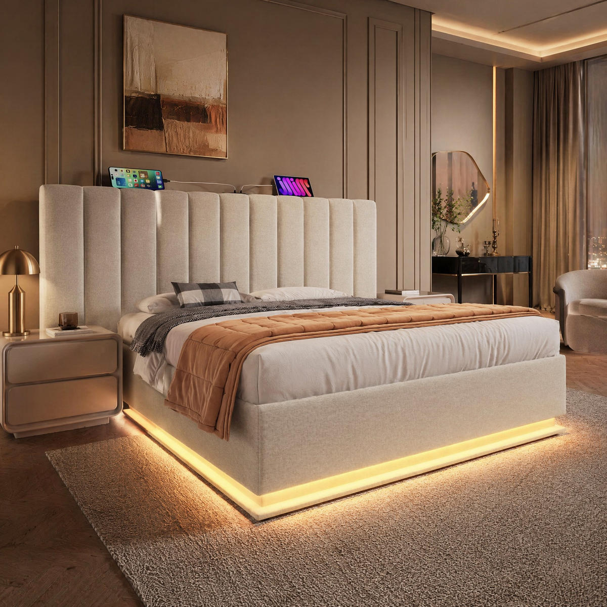 POLSTERBETT 160/200 mit Bettkasten, LED und USB in Beige - Beige, Holzwerkstoff/Textil (160/200cm) - EVRYAE