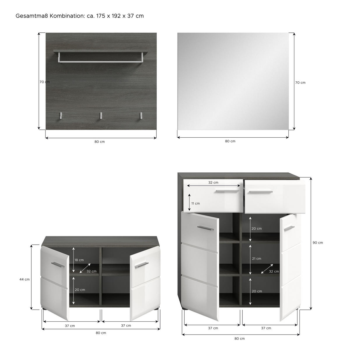 GARDEROBENKOMBINATION Salsa 175x192x37 cm Rauchsilber Weiß 4tlg. - Silberfarben, Holz (175/192/37cm)