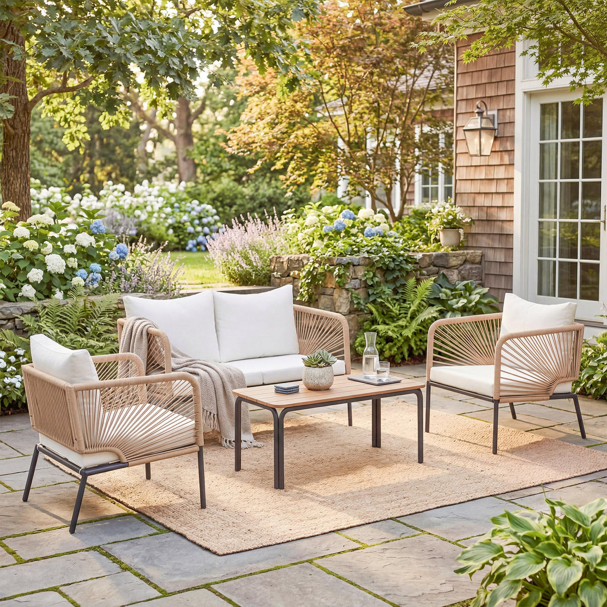 BALKONMÖBEL-SET 4er Set Metall PE-Rattan Weiß - Schwarz/Weiß, Textil/Metall - Outsunny