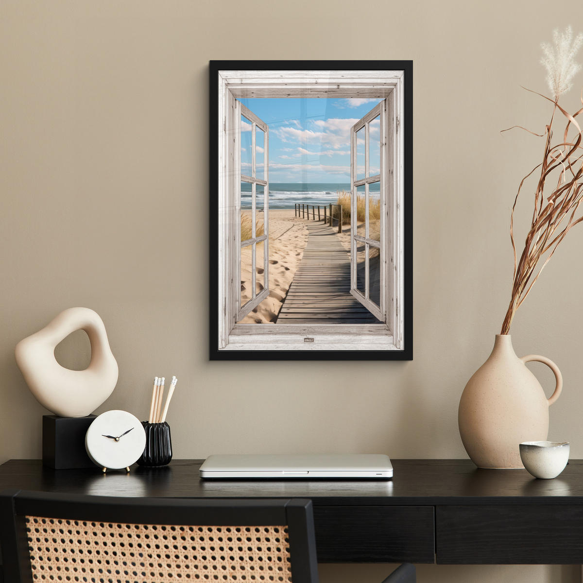 GERAHMTES BILD Fenster - Meer - Küste - Natur - Ausblick - Strand - Wattenmeer 40x60 cm - Beige, Papier (40/60cm) - MuchoWow
