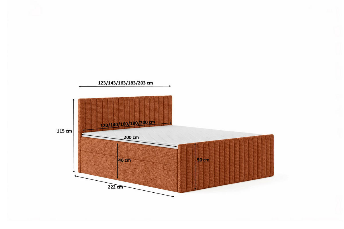BOXBETT Mit Matratze Und Bettkasten, Chenille-Stoff Flow, Kupfer, 200x200 cm, H2-Pocket, DEMETER - Orange, Holz (200/200cm) - Kaiser Möbel