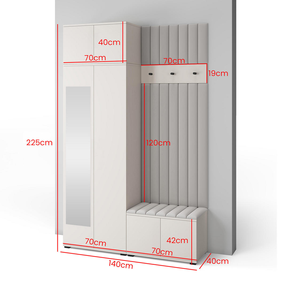 GARDEROBE Napoli version 14 mit Spiegel, mit POLSTERPANEELEN Grau - Beige/Grau, Holzwerkstoff (140/225/40cm) - Jerpax
