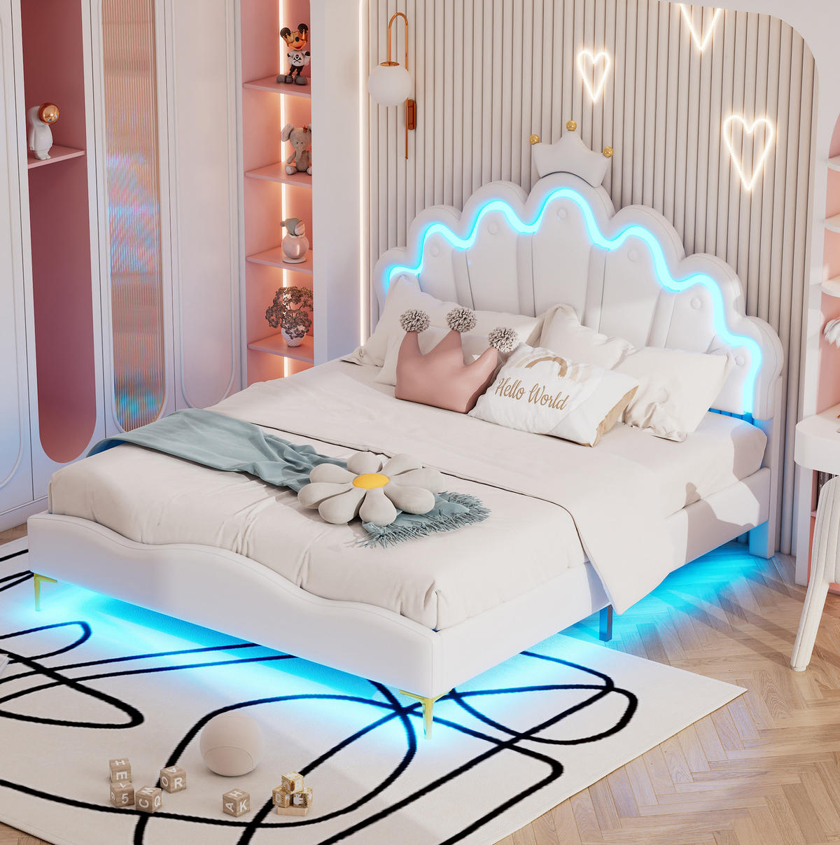 DOPPELBETT aus PU-Kunstleder 140x200 cm Weiß mit LED-Beleuchtung und höhenverstellbarem Kopfteil - Weiß, Kunststoff (140/200cm) - IVMEU