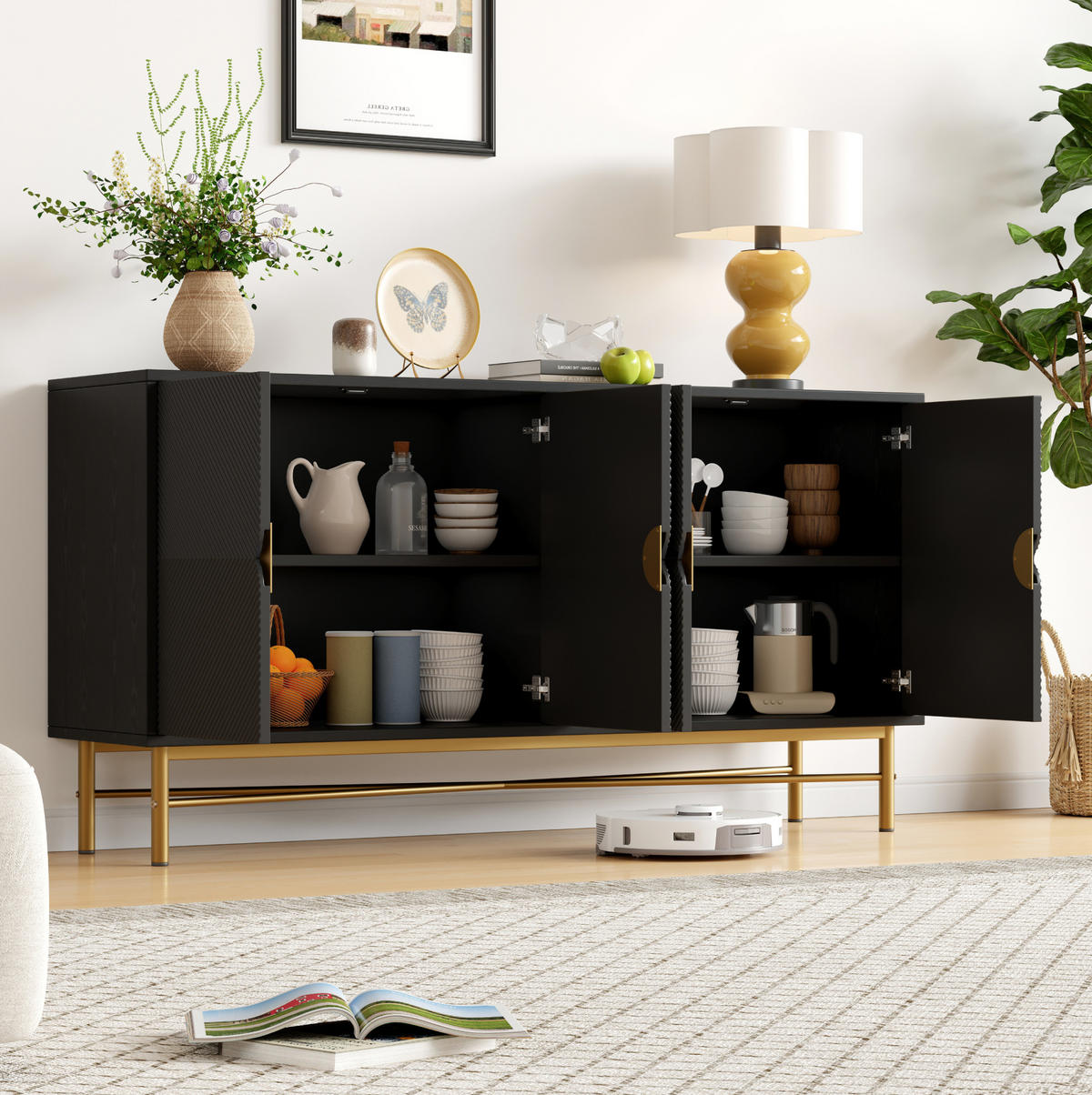 SIDEBOARD 160/40/82 cm Schwarz aus MDF und Spanplatte mit 4 Türen, Soft-Close und Goldakzenten - Schwarz, Holzwerkstoff (40/82/160cm) - OKWISH