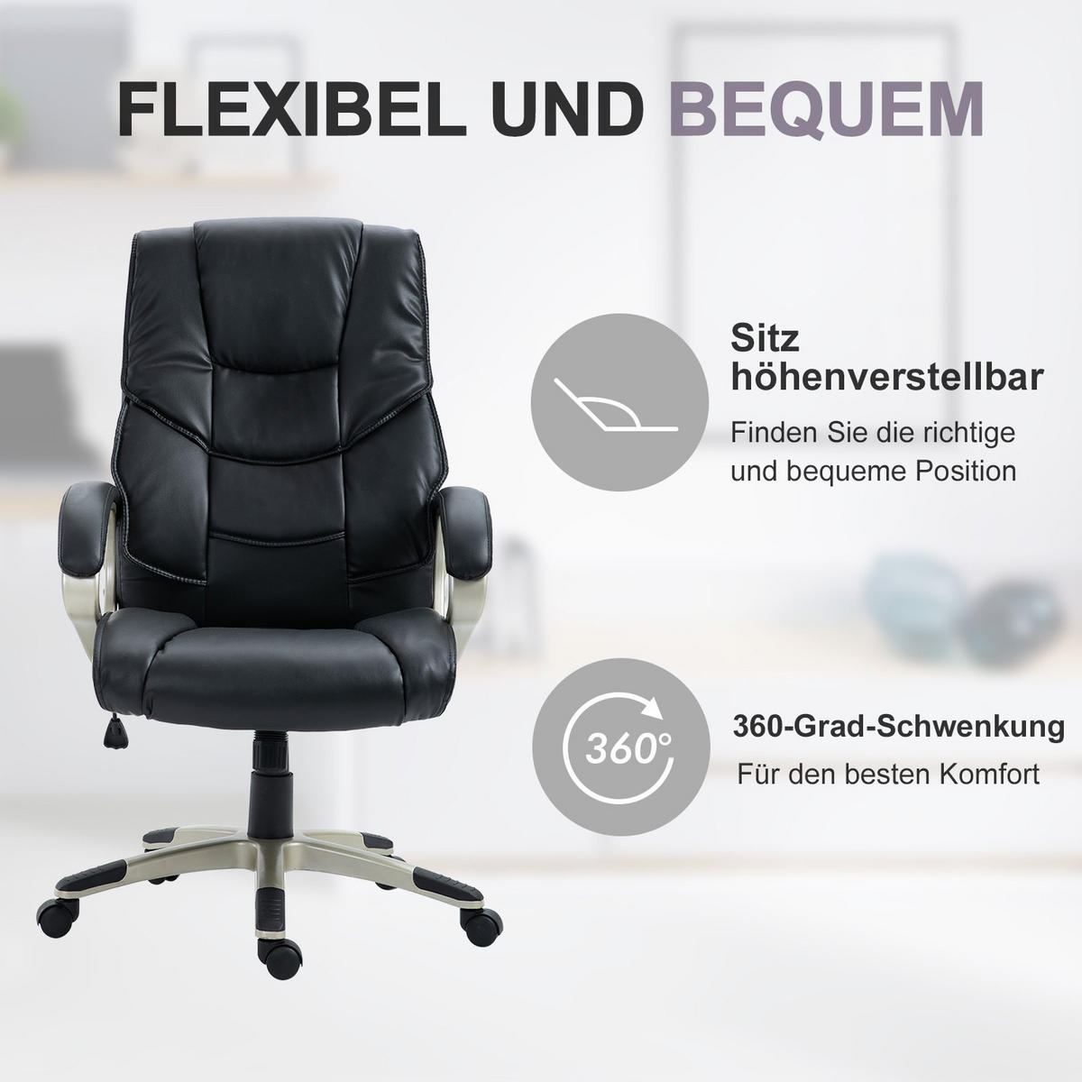 BÜROSTUHL in Schwarz 58x70x124 cm mit höhenverstellbarem Sitz und Wippfunktion - Schwarz, Metall (70/124/58cm) - IVMEU